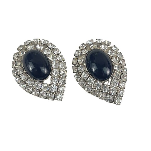 Pear-Shaped Rhinestone & Black Stone Clip-On Earrings Party Wedding Glam Jewelry - Picture 1 of 7